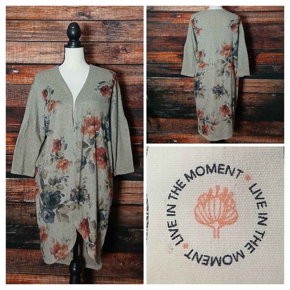 Live In The Moment Cardigan Top S Long Beige Floral Knit Open Front 3/4 Sleeve